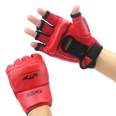 Red martial arts gloves with black wrist straps