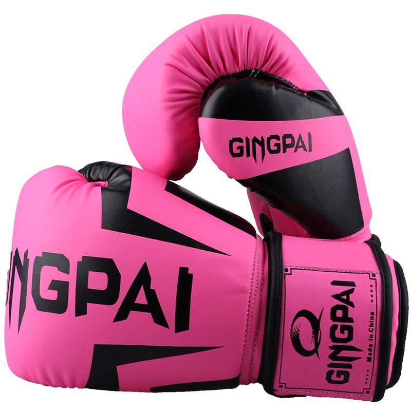 Pink boxing gloves with black accents and 'GINGPAI' branding