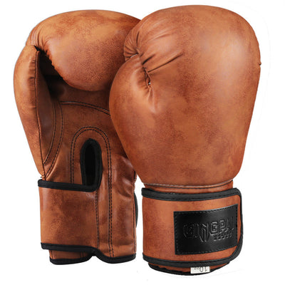 Pair of brown leather boxing gloves with a brand logo