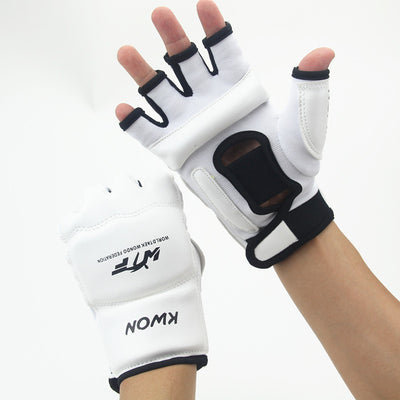 White martial arts gloves with black accents