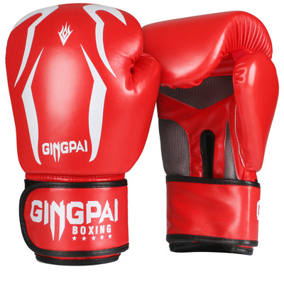 Red boxing gloves with white designs and 'Gingpai' branding on a white background