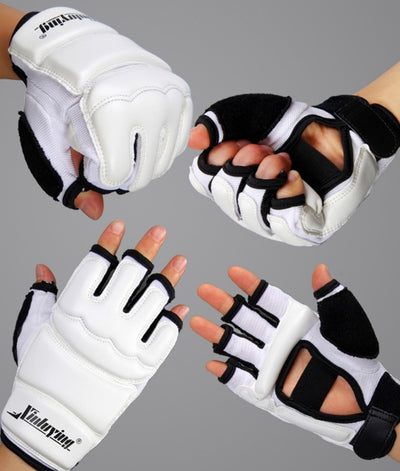 White martial arts gloves with black accents