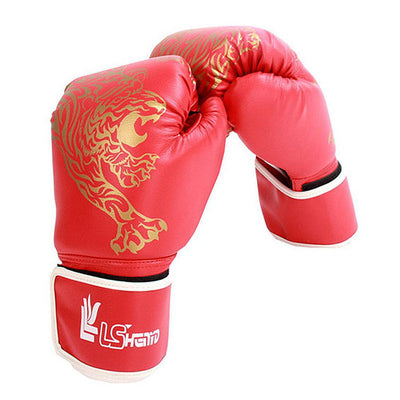 Red boxing gloves with gold tiger design and white accents