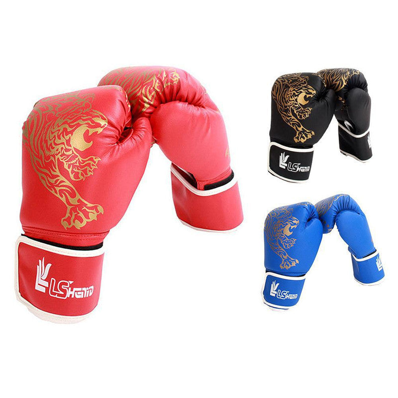 Red, black, and blue boxing gloves with gold tiger design