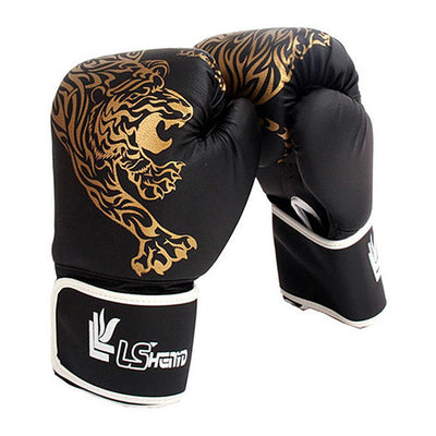 Black boxing glove with gold tiger design and LS brand logo