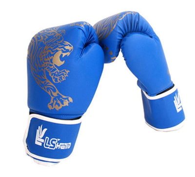 Blue boxing gloves with gold tiger design and white accents