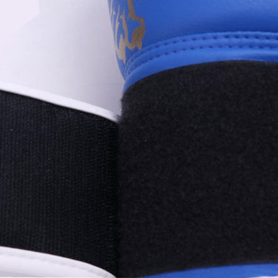 Close-up of a sneaker with blue, white, and black color scheme