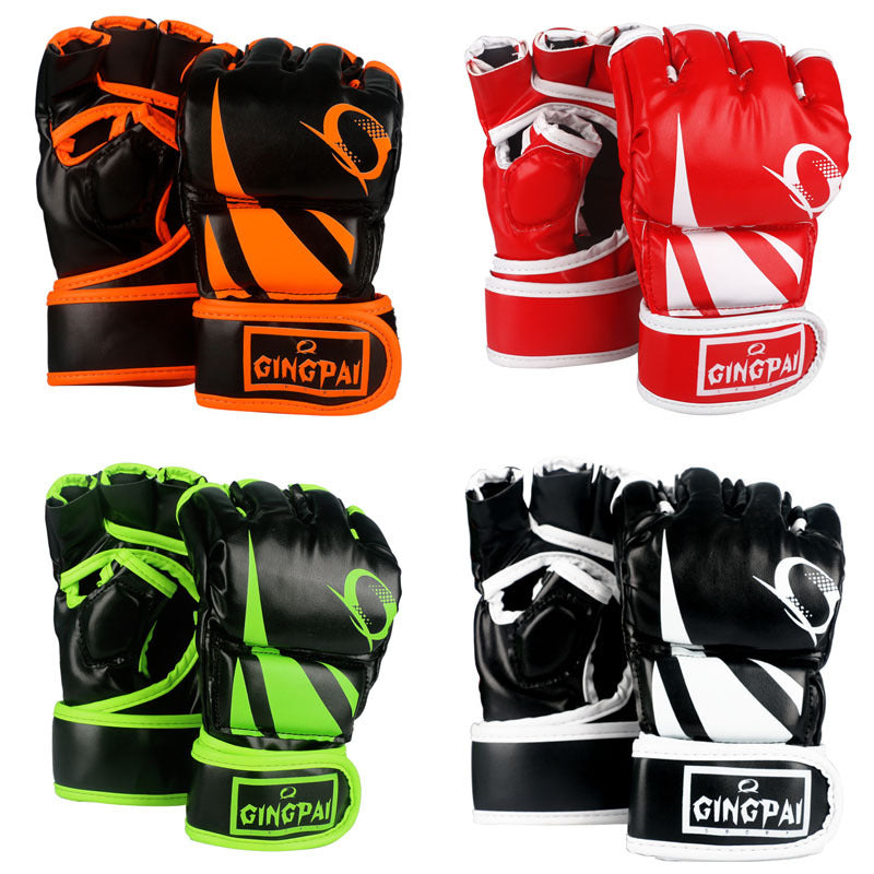 Five pairs of boxing gloves in different colors with 'Gingpai' branding