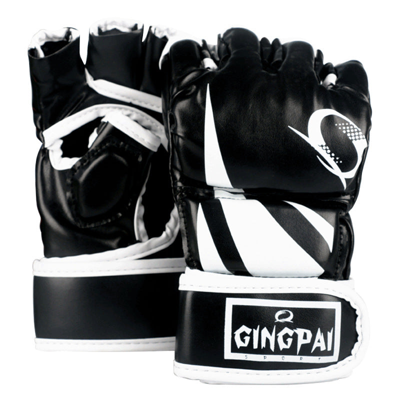 Black and white martial arts gloves with visible brand logo on a white background