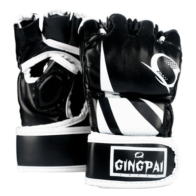 Black and white martial arts gloves with visible brand logo on a white background