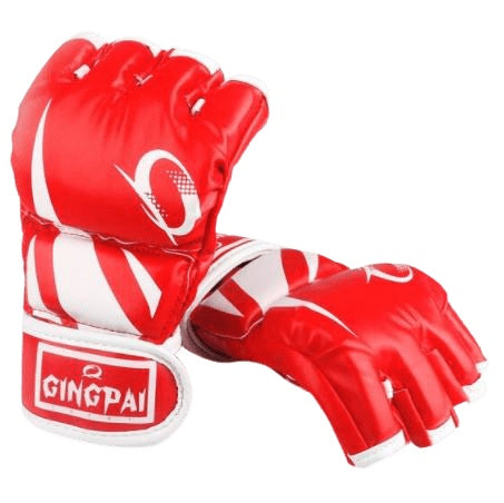 Red and white boxing gloves with a visible brand logo on a white background