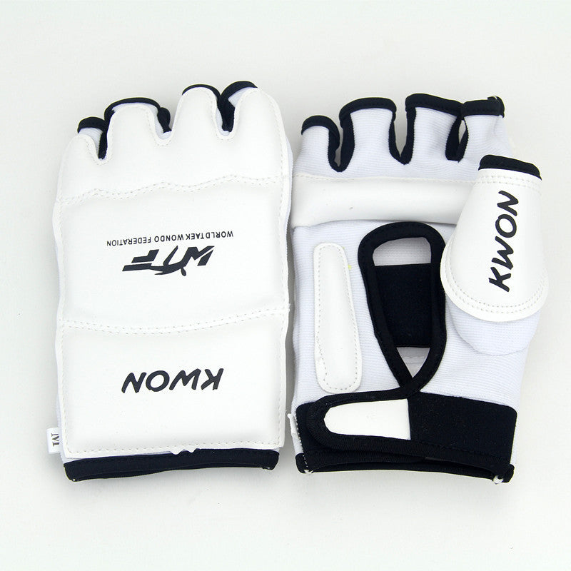 Pair of white martial arts gloves with black accents