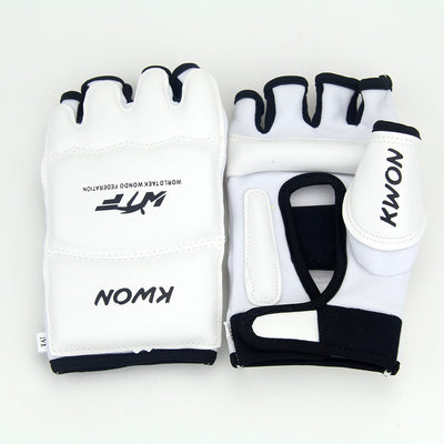 Pair of white martial arts gloves with black accents