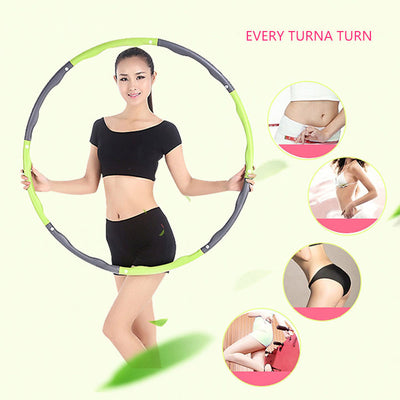 Woman holding a green hula hoop with inset images showing its use on different parts of the body.