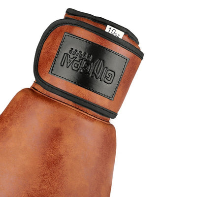 Brown boxing glove with a black label