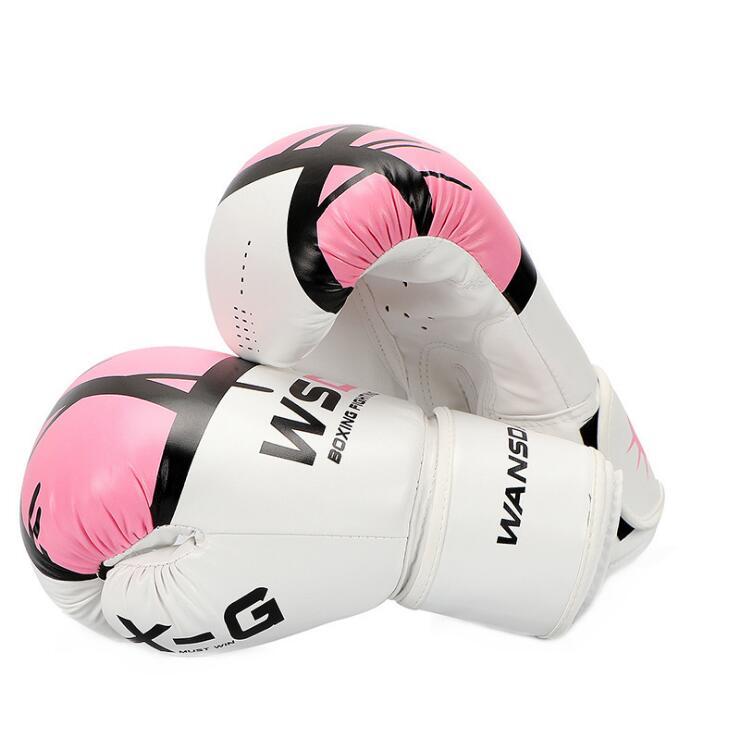 Pair of pink and white boxing gloves with black accents 