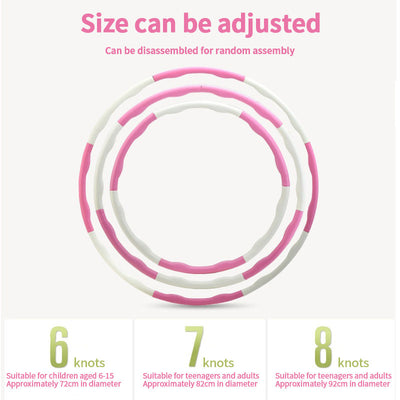 Set of pink and white hula hoops with size information