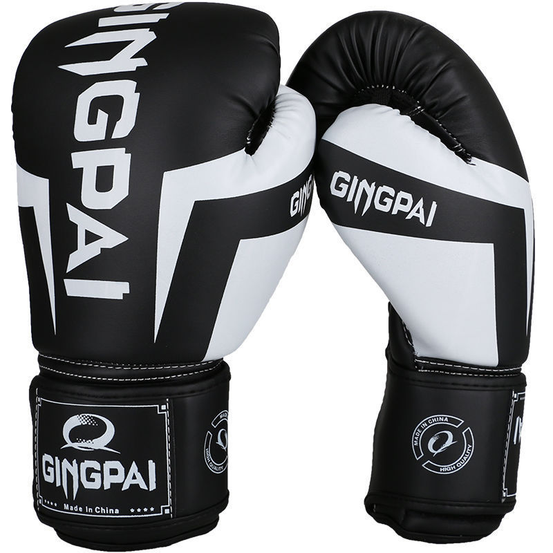 Black and white boxing gloves with Gingpai branding 