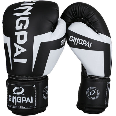 Black and white boxing gloves with Gingpai branding 