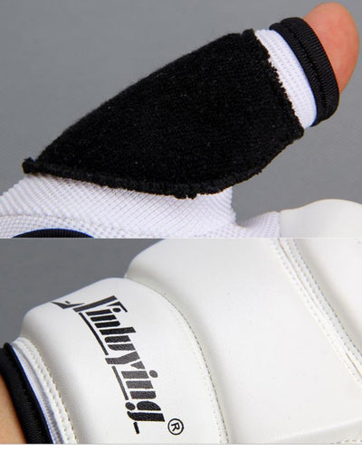 White boxing glove with black finger wrap and brand logo