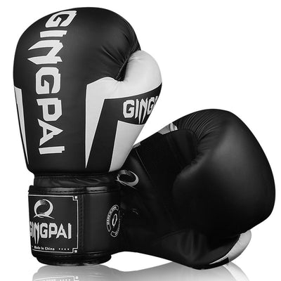 Black and white boxing gloves with 'Gingpai' branding 