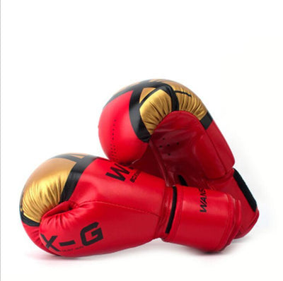 Red boxing gloves with gold and black accents 