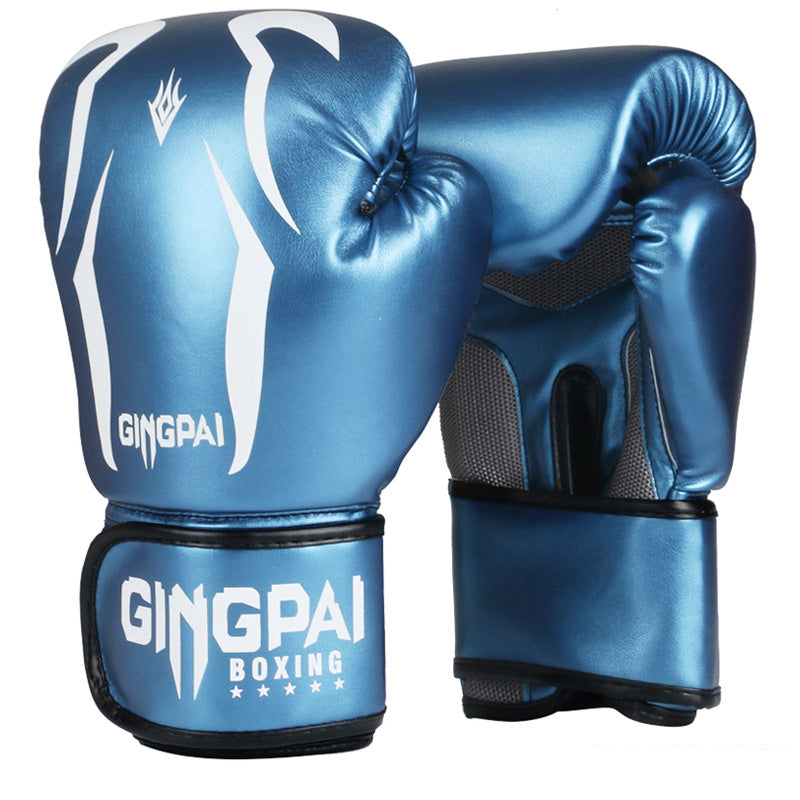 Blue boxing gloves with 'Gingpai Boxing' branding on a white background