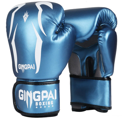 Blue boxing gloves with 'Gingpai Boxing' branding on a white background