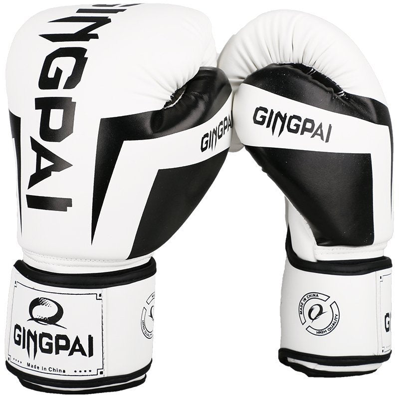 Pair of white and black boxing gloves with 'GINGPAI' branding