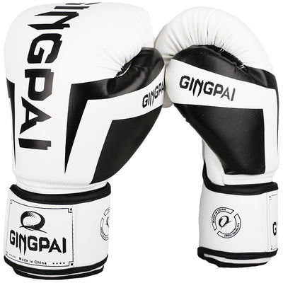 Pair of white and black boxing gloves with 'GINGPAI' branding