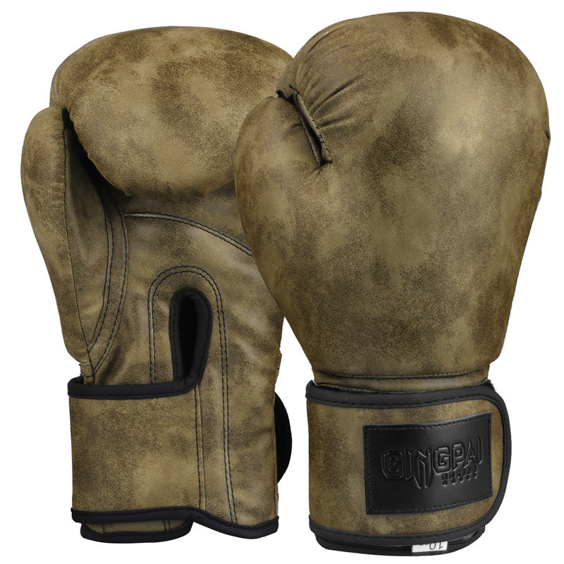 Pair of brown boxing gloves with a brand logo 