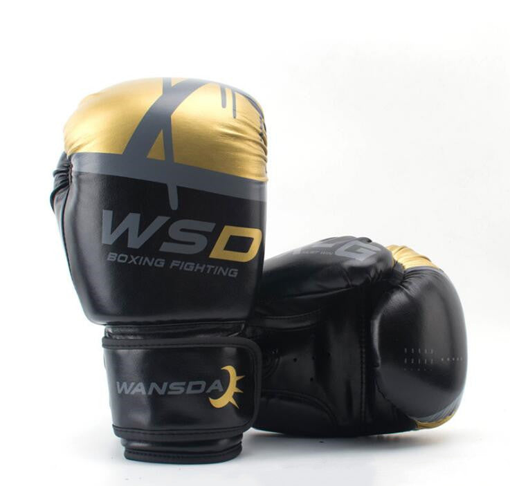 Black and gold boxing gloves with Wansda branding on a white background