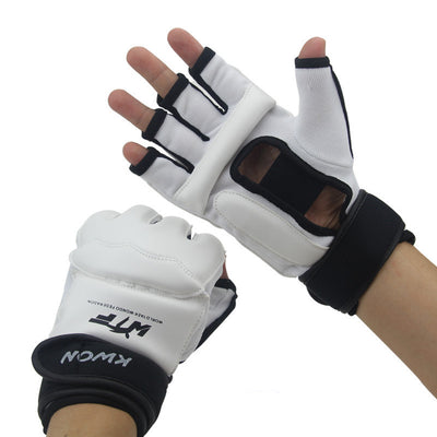 White martial arts gloves with black accents