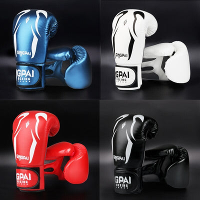 Four pairs of boxing gloves in blue, white, red, and black on a dark background with 'GPAI' branding.