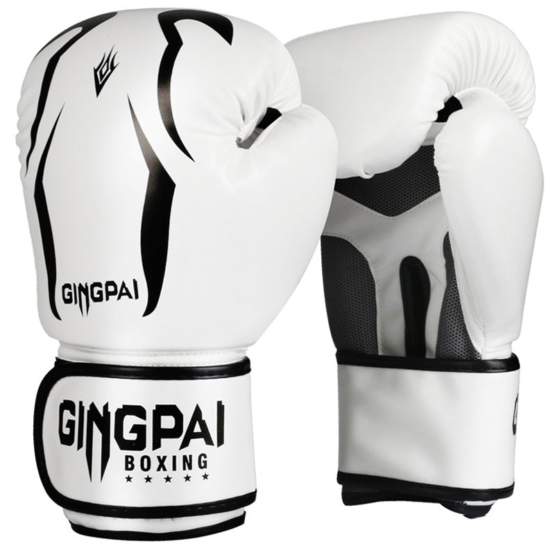 White boxing gloves with black accents and 'Gingpai Boxing' branding on a white background