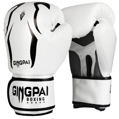 White boxing gloves with black accents and 'Gingpai Boxing' branding on a white background