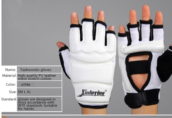 White taekwondo gloves with black accents