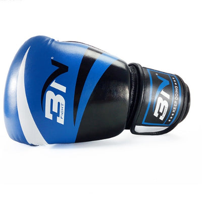 Blue and black boxing glove with a brand logo on a white background
