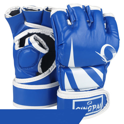 Blue and white gloves with a brand logo on a white background