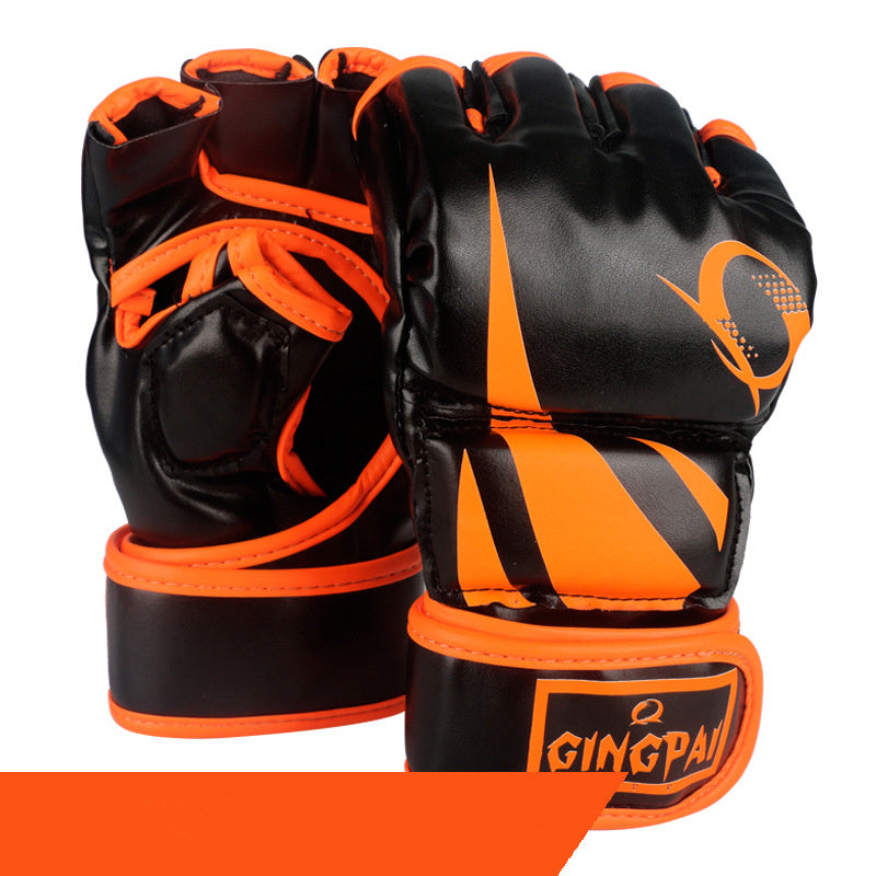 Black and orange martial arts gloves with visible brand logo