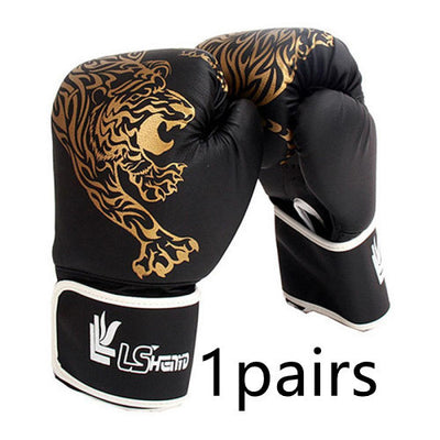 Black boxing gloves with gold tiger design and LS brand logo