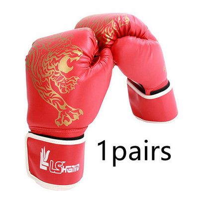 Red boxing gloves with gold tiger design and white accents 